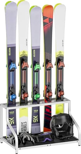 Mondazie Étagère de rangement de ski pour garage, support de ski autonome pour 5 paires de skis, casque, lunettes, gants, support organisateur de snowboard intérieur pour la maison