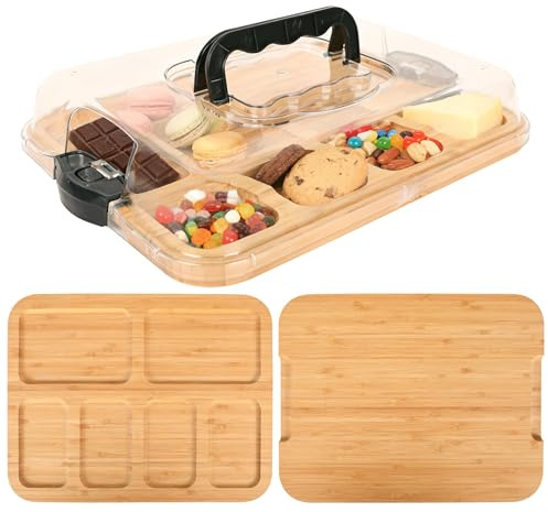 Charcuterie Board with Lid and Handle, Portable Wooden Cheese Board | 6 Compartments, Perfect for Snacks, Fruits, Picnics, Gift for Housewarming, Wedding