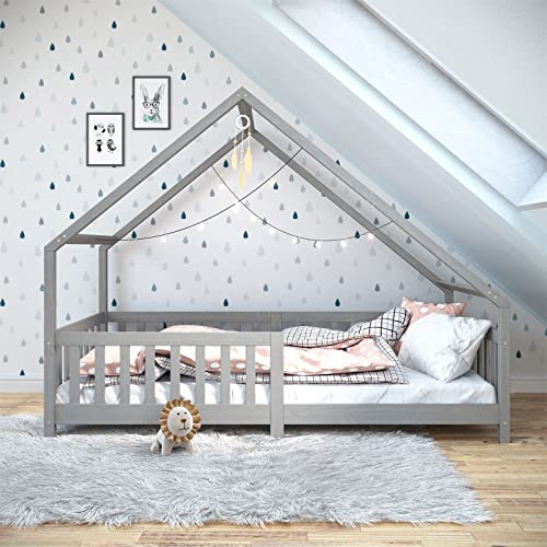 IDIMEX Hausbett CORA 90x200 cm, Grau - Kinderbett mit Rausfallschutz aus Massivholz, Montessori Bodenbett, Holzbett für Jungen und Mädchen