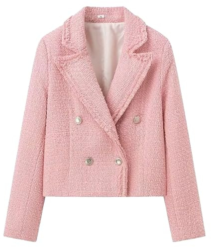 Damkavaj i tweed, elegant bouclé, kort kappa, helfodrad, hakkrage, affärsmässig, höst, arbetskavaj, rosa, large