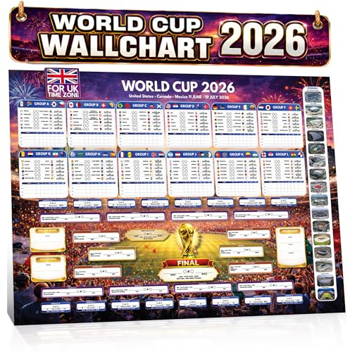 Carte murale de la Coupe du monde 2026 | Grande affiche de la Coupe du monde de football 2026 au format A1 avec fixations, dates, heures de lancement, stades hôtes | Comprend 48 équipes, de la phase