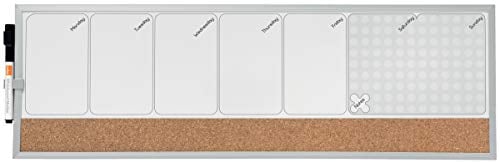 Nobo Piccola Lavagna / Agenda Settimanale Magnetica con Bacheca in Sughero Montabile su Parete / Frigorifero, Clip per Pennarello, Cancellabile a Secco, Cornice in Alluminio, 585 x 190 mm, Grigio
