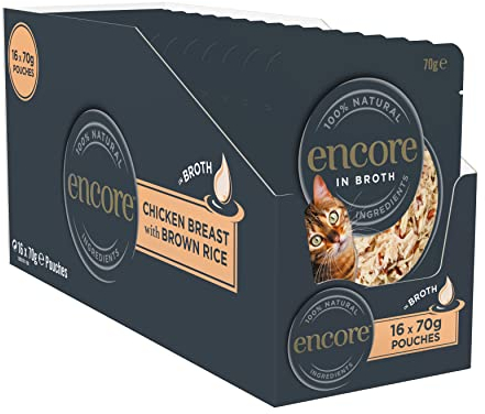 Encore 100 Percent Natural Cat Food, Pouch Chicken & Brown Rice in Broth 70g (16 x 70g Pouches)