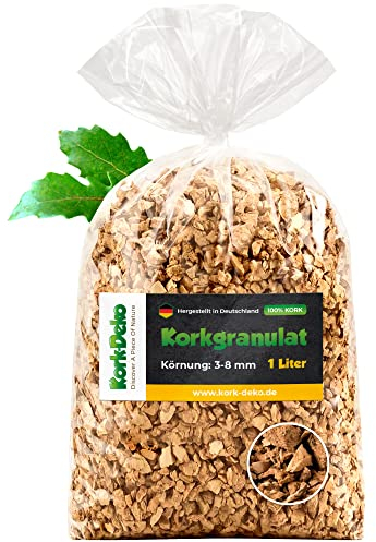 1 Liter Korkgranulat, MITTELGROB (3-8 mm) (Kork-Substrat, Kork-Schrot) für Terrarien (Reptilien), Terrariensubstrat (Späne, Einstreu, Bodengrund) oder Dekoration/Modellbau