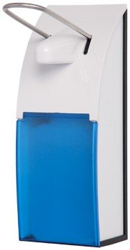Blanc HYGIENIC Desinfektionsspender Edelstahl gebürstet – Armhebel-Spender mit Bedienhebel, Euro Spender inkl. Leere 500 ml Flasche zum Selbstbefüllen, Spender mit kurzem Bedienhebel, Blau