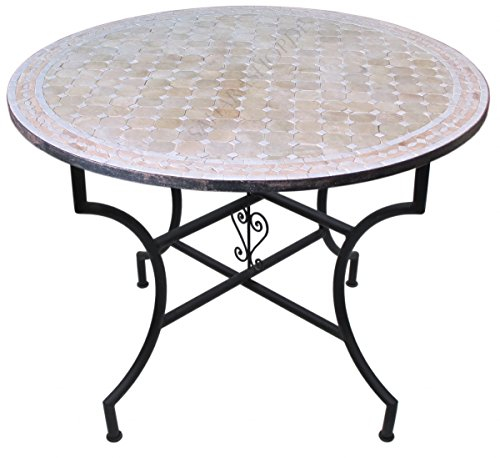 Saharashop Orientalischer Mosaiktisch Rund Ø 100 cm Beige-Weiß, Terrassentisch, Gartentisch, Mediterraner Fliesentisch, Beistelltisch-Handarbeit, Balkontisch Bistrotisch Kaffeetisch