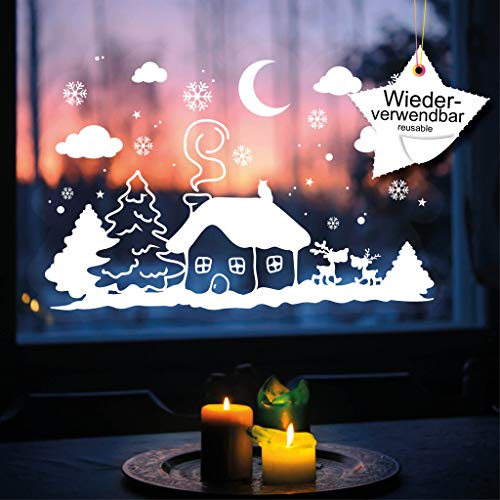 Wandtattoo Loft Fensterbilder Weihnachten mit Haus, Mond, Wolken & Schneeflocken – Wiederverwendbar – A3 Bogen – Weihnachstdeko Fenster Kinderzimmer, Weihnachtsbilder Fenster, Fensterbild Winter