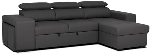aquinos BUDWING John Eck-Schlafsofa 4-Sitzer – Reversible Chaise Longue, Verstellbare Kopfstützen & 2 Hocker – Polsterung aus Polyester – Modernes Design – 263x161x96 cm – Schwarz