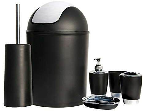 Bathroom Set 6pc Bathroom Accessories Set Bin Soap Dispenser Toothbrush Tumbler (Black)
