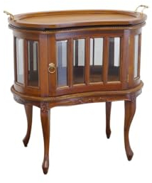 Teeschrank im antiken Stil Massiv im Nussbaum-Farbton hell | Barschrank Beistelltisch Vitrine | mit abnehmbares Tablett | 72x78x48 cm (9782)