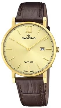 Candino Swiss Herren Analog Uhr Braunleder - Quarzwerk - Kalender - Saphirglas mit hoher Widerstandsfähigkeit - Wasserdicht 5 ATM Elegant C4726/2 Couple Classic