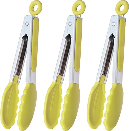 HINMAY Small Kitchen Tongs 7-Inch Silicone Tipped Cooking Tongs Mini Food Tongs, Set of 3 (Yellow)