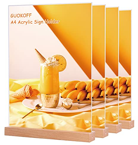 GUOKOFF Présentoirs de Table A4, 4 Pièces Présentoirs pour Menu, Support pour Menu, Base en Bois, A4 Porte Menu, Porte Affiche Double Face