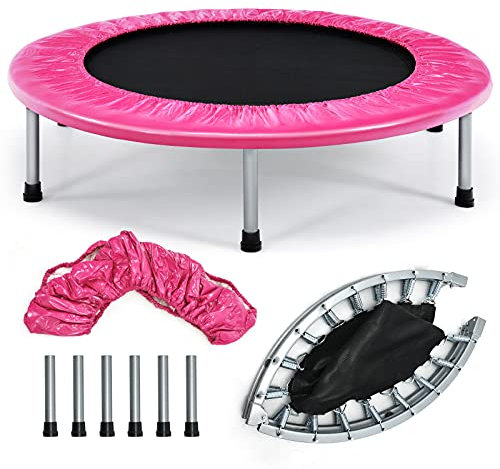 GOPLUS Mini Trampoline Fitness Pliable, Trampoline de Sport Silencieux pour Intérieur et Extérieur avec Tapis de Sécurité, Charge Max 150KG, pour Adultes et Enfants (Rose)