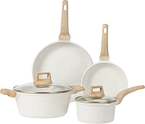 CAROTE - Juego de ollas y sartenes antiadherentes, batería de cocina de inducción de granito blanco, antiadherentes imprescindibles con sartenes y cazos, sin PFOS ni PFOA