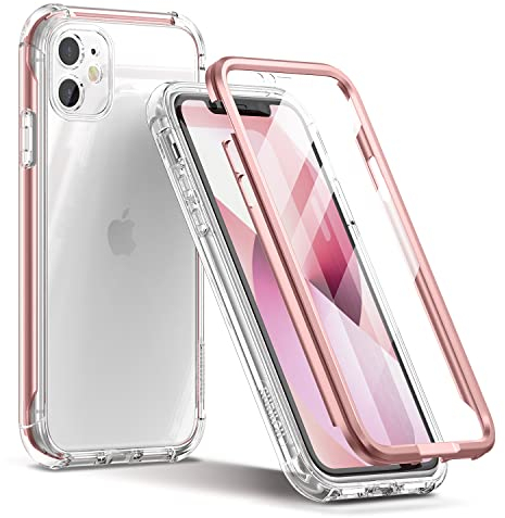 SURITCH for iPhone 11 Case 360 Shockproof, Clear Cover and Silicone Matte Bumper and Screen Protector, Front and Back Full Body Drop Proof Anti Yellow Case for iPhone 11 6.1 Inch - Gold