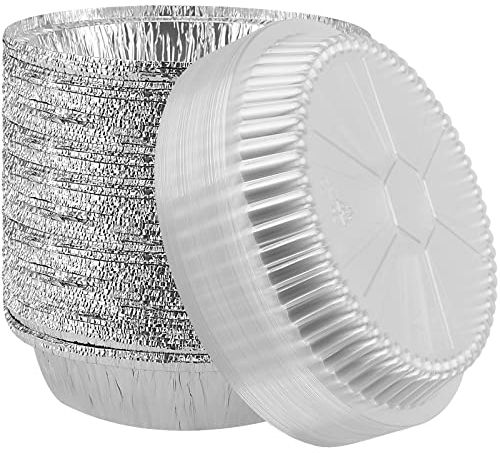 JEUIHAU 40 bandejas de papel de aluminio de 7 pulgadas con tapas de plástico transparente, cajas de papel de aluminio para hornear, preparación de comidas, comida para llevar