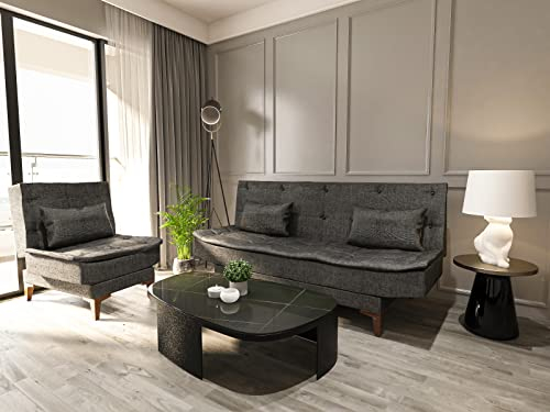 Gozos Salamanca Sitzgruppe Serie Relaxsessel | Hochwertig Sessel besteht aus Leinenstoff | Dekorative Wohnzimmermöbel | Multifunktion Relaxsessel - Pouf mit Holzbein | 70 x 75 x 90cm | Anthrazit