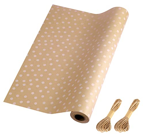 HBell Geschenkpapier Rolle,43cm x 15m Geschenkpapier, weißes gepunktetes Geschenkpapier, braune Kraftpapierrolle für Geburtstag,Urlaub, Babyparty, Weihnachtsgeschenke