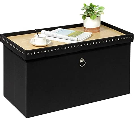 Bonlife Folding Ottoman Storage Bench,Foldable Seat with Tray,Large Footstool for Living Room,Black Linen Footrest Stool,80X40X40CM