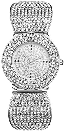 JewelryWe Armbanduhr Damen Elegant Einzigartig Strass Glitzer Rund Analog Quarz Beiläufige Uhr Damenuhr mit Metallarmband Silber