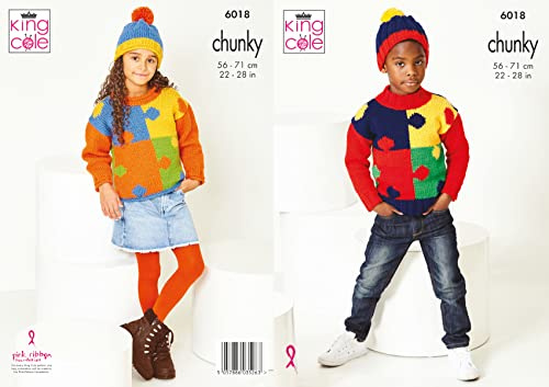 King Cole Chunky Knitting Pattern Childrens Jigsaw Piece Sweater & Hat (6018)