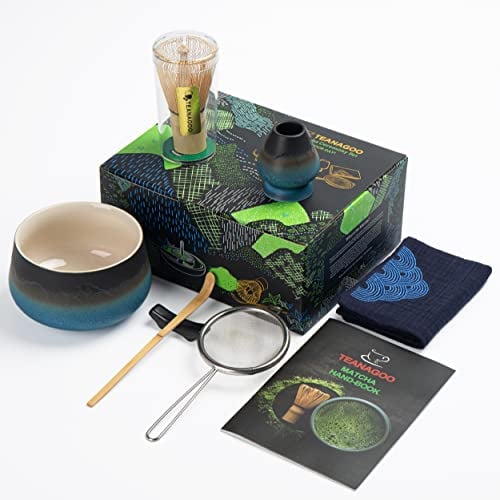 TEANAGOO Matcha Kit (7pcs) Matcha Whisk Mtacha Kit Tazón de matcha Batidor de matcha de bambú (chasen) Cuchara (chashaku) Soporte para batidor. N23, gradiente de color Azul marino
