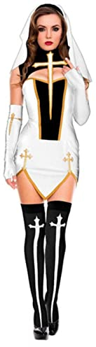 WEITING Schwarze Nonne Minikleid Set Geteilte Rollenspiel Nonne Kostüme Sexy Frauen Shows Cosplay Uniform Versuchung Nonne Halloween Kostüm - Weiß, XS