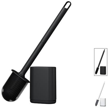 Brosse de Toilette en Silicone Premium | tête Poils TPR Flexibles, Séchage Rapide, Nettoyage WC 360º | Comprend Porte-Brosse WC Anti-Goutte, Montage Mural ou Sol (1 pc, Noir)