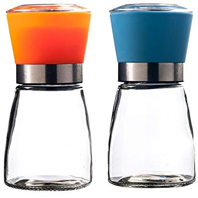 Salt Grinder,Grinder for Kitchen Manual Pepper Mill, 2 Pieces Glass Salt Grinders Mills Pepper Mill Shaker for Kitchen Barbecue Blue Orange Lid