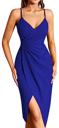 Missufe Vestido de cóctel para mujer, vestido de fiesta, vestido de verano, vestido midi festivo, elegante, bodycon para boda, sin mangas, tirantes finos, vestido de noche, azul cobalto, L