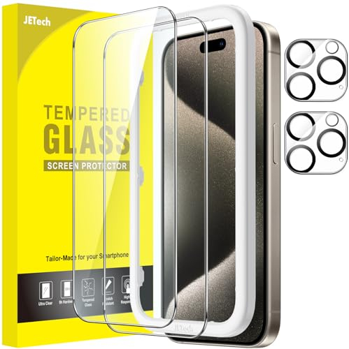 JETech Protector de Pantalla para iPhone 15 Pro Max 6,7 Pulgadas y Protector Lente Cámara, Marco de Instalación Fácil, Cristal Vidrio Templado, HD Transparente, 2 Paquetes Cada Uno