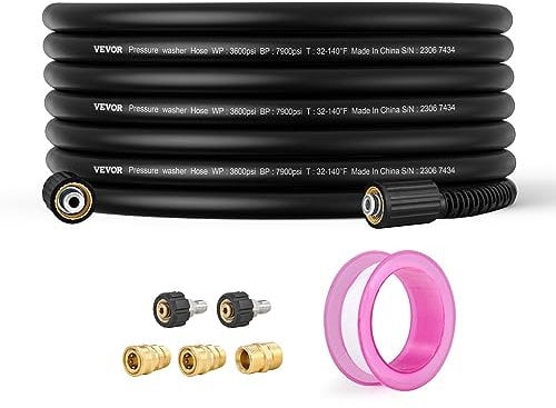 VEVOR Tubo per Idropulitrice 15,2m, Ricambio Tubo Filettatura in Ottone, Flessibile 6,4mm, Connettore Filettato M22-14mm, Raggio Curvatura 19,1mm, 248,21bar ad Alta Pressione