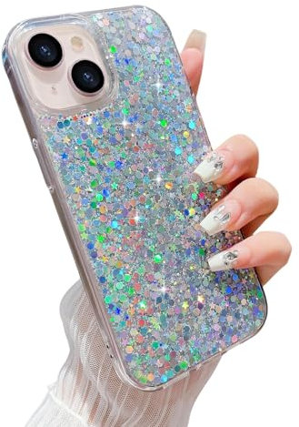 LCHULLE Designed for iPhone 15 Case Women Girls Glitter Bling Shockproof Bumper Cover Cute Sparkly Shiny Slim Fit Protective Phone Case for iPhone 15 6.1 inch,Silver