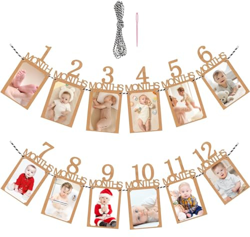 Geburtstags Foto Banner, 1. Geburtstag Baby Foto Banner für Neugeborene bis 12 Monate, Monatlicher Meilenstein Fotografie Wimpelkette, Verdicktes Kraftkarton Rahmen.