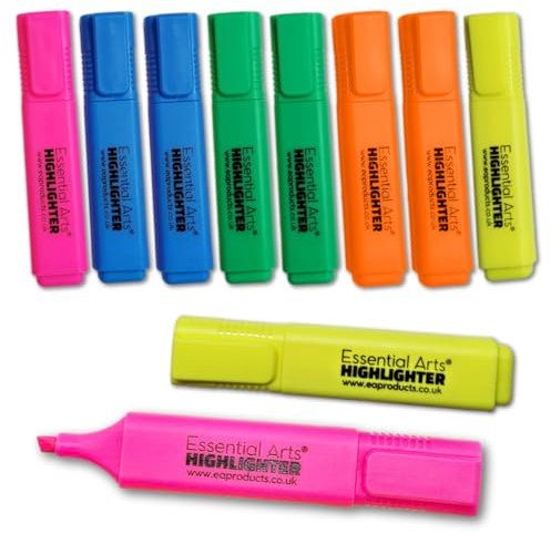 Essential Arts Square Mixed Highlighter Pen Pack of 10 | Yellow, Green, Pink, Orange, Green and Blue Chisel Tip Fluorescent Highlight Marker Pens for Office, School Art and Business