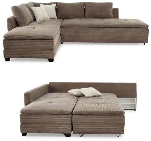 Federkern Ecksofa 306x223 cm Dauerschläfer, Doppelbett Schlaffunktion, Kaltschaum-Topper, Bettkasten, Nachtkonsole, Schwenkteil links oder rechts montierbar, Bezug Cord Braun Taupe / 15162