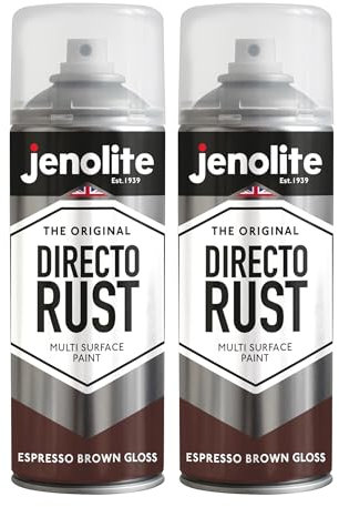 Jenolite Directorust Gloss Spray Paint - ESPRESSO BROWN, 2 x 400ml, Direct To Rust, Multi-Surface Gloss Paint For Wood, Metal, Plastic, Ceramic, 8017