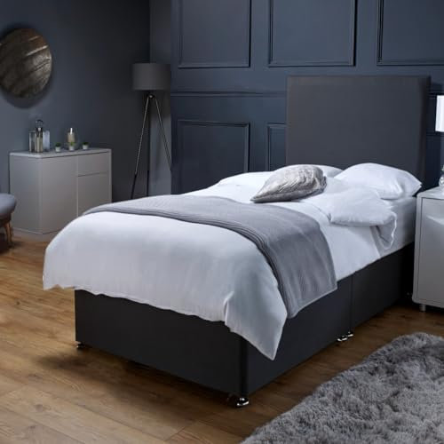 Savako 3ft Single Divan Bed with Mattress Included, Adults + Children Suited (Padded Headboard + Single Bed with Mattress Included) (90cm x 190cm) Black Plush