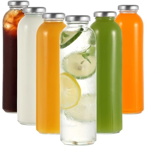 LIMILI Glass Bottles with Lids, 6 pack 500ml Reusable Glass Juice Bottles with Lids, Clear Glass Bottles Glass Drinking Bottles Leak Proof for Homemade Beverages Picnics Travel School