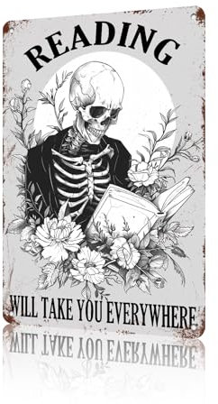 GJXFTPTTBD Metallschild mit Aufschrift Just One More Chapter, Skelett, Buchwurm, Nerd, Blechschild für Zuhause, Schlafzimmer, Buchleser, Bibliothekar, Dekoration, Buchliebhaber, Geschenke für