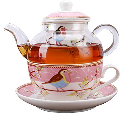 XINCXIN Teeservice, Pink Robin Birds and Flowers Tea for One Set, Keramik-Teetasse und Untertasse-Set mit Glas-Teekanne, Rosa (Color : Pink)