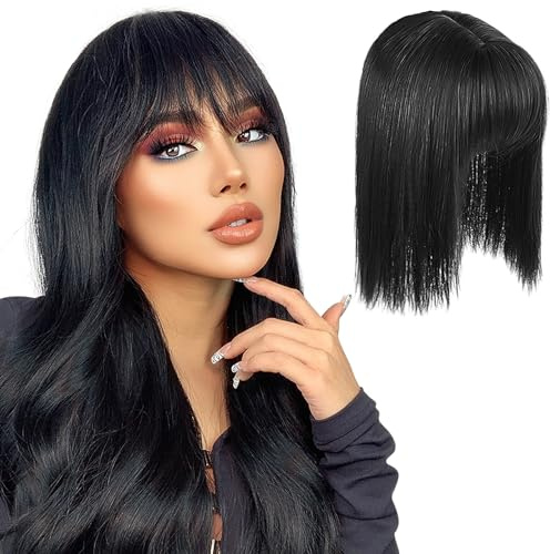 Echthaar Topper Top Haarteile Clip in Pony Haarverlängerung Haarteil, Clip in Fransen Fringe Bangs Verlängerung Haarteil Extensions Bangs natürliche Fringe Dünn Bang für Frauen Mädchen, Schwarz