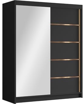 Mirjan24 Kleiderschrank mit Goldverzierung Femosa III 150 cm Breit, Garderobenschrank mit Spiegel, Schlafzimmerschrank mit Kleiderstange und Einlegeböden für Kleidung (Schwarz)