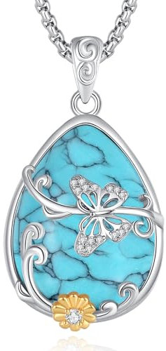 EUDORA Harmony Ball Butterfly and Sunflower Necklace for Women, 925 Sterling Silver Rose Gold Turquoise Teardrop Pendant Jewelry Gift for Mom Daughter, 22