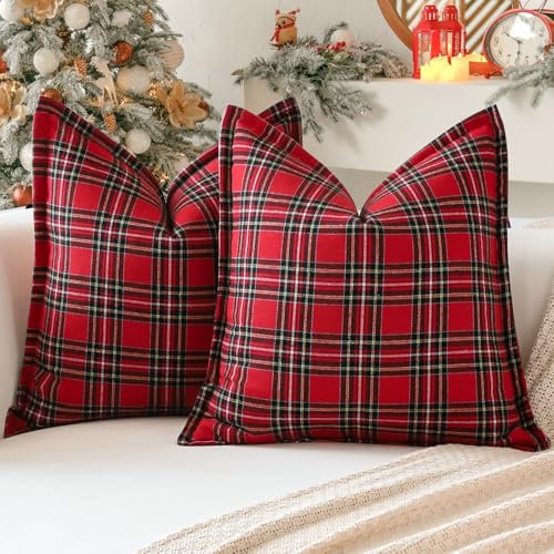 Sungeek 2er Set Weihnachten Schottisches Karo Kissenbezüge, Plaid Tartan Dekorativ Zierkissenbezüge Kissenbezug Dekokissen Deko Bezug Kissenhülle für Sofa Schlafzimmer Wohnzimmer 45x45cm (Rot)