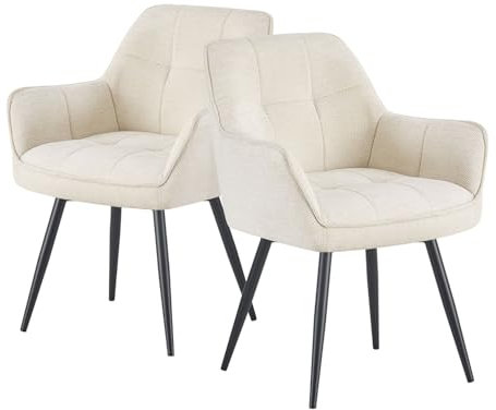 DUBI Möbel® Premium-Esszimmerstühle Thomas-Luna 2er Set– Federkern-Polster, Webstoff Cremeweiß, Armlehnen, Metallbeine schwarz, deutsche Qualität, Industrial Design, für Esszimmer, Gastronomie, Küche