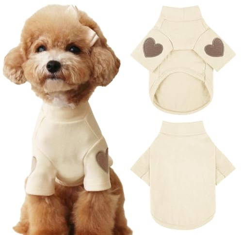 Yaopelky Hunde-Sweatshirt Mit Herzaufdruck - Warmes Haustier-T-Shirt für Kleine und Mittelgroße Hunde, Katzen-Welpen-Outfit für Teddy, Chihuahua, Schnauzer (Beige, M)