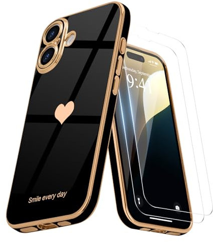 Teageo Kompatibel mit iPhone 16 Hülle + 2 Stück Schutzfolie, Mädchen Herz Styling Hülle Galvanisierte Weich TPU Schutzhülle Kameraschutz Kratzfest Case für iPhone 16, Schwarz