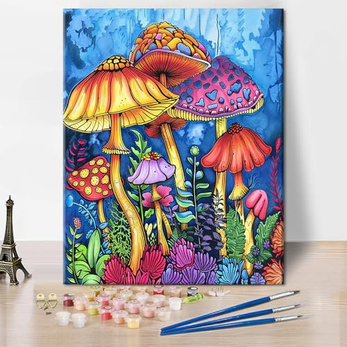 Mushroom Paint by Numbers for Adults, Colorful Mushrooms Painting by Numbers Kits with Brushes Beautiful Paint-by-Number Kits Canvas Gifts Art Crafts for Home (Frameless) 16x20Inch